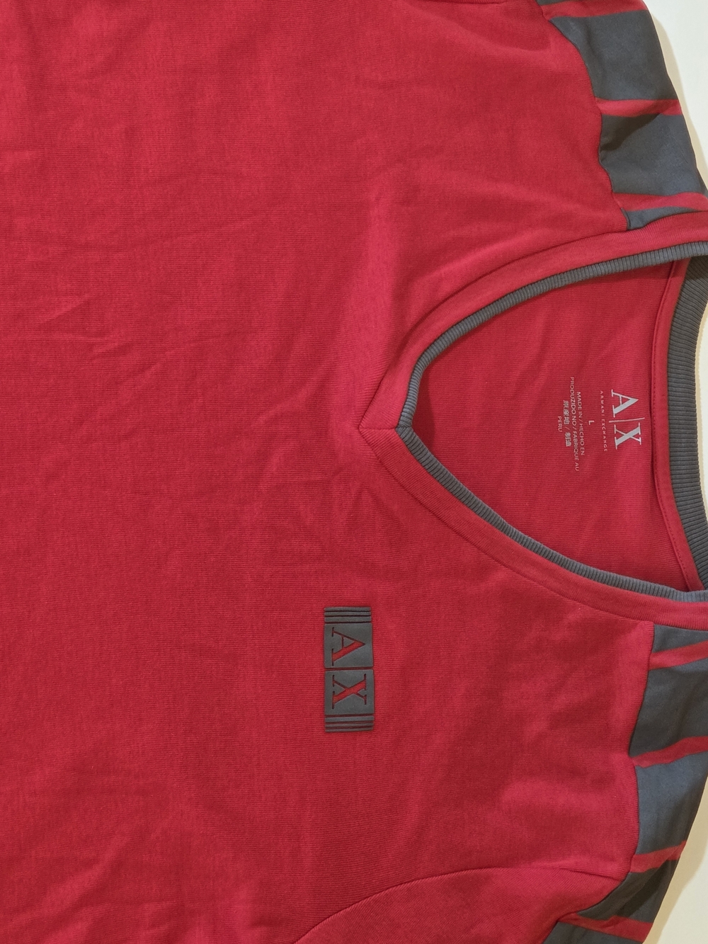 A/X Armani Exchange Red V-Neck Short Sleeve Tee with Gray Shoulder Stripes - Picture 4 of 10